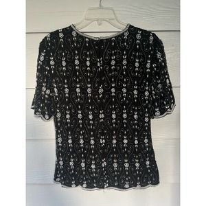 Vintage Stenay black pearl beaded silk blouse scalloped hem top size medium